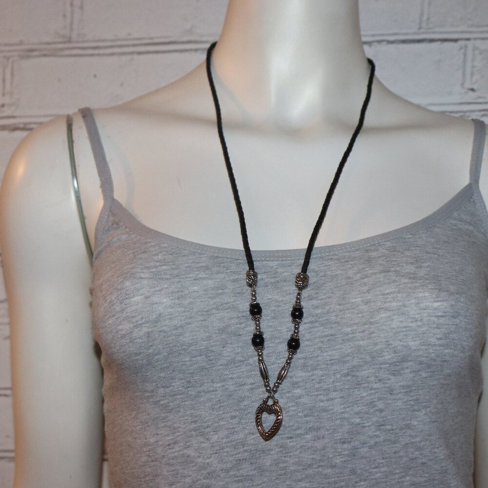 Beautiful black cord and silver heart necklace 30"